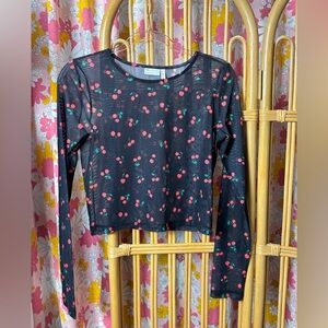 ASOS Black Sheer Mesh Long Sleeve Top with Cherry Print US SZ 8